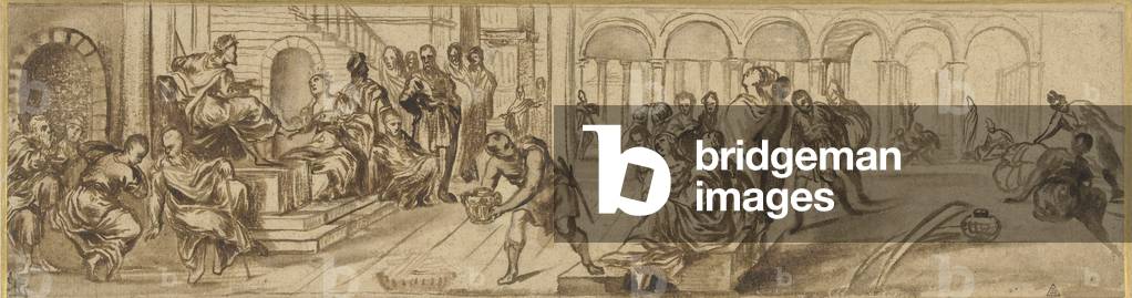 Image of Drawing depicting Solomon and the queen of Sheba 1540 by Jacopo Robusti Tintoretto, b/w