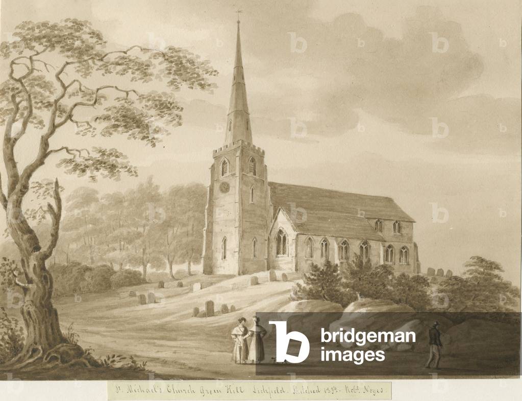 "Lichfield - Chiesa di San Michele: disegno seppia" 1832 di Robert Noyes