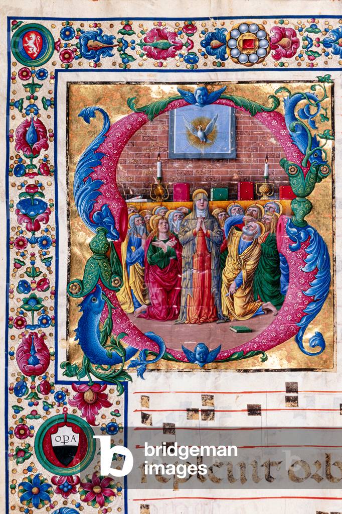 Biblioteca Piccolomini: libro del coro, cod. 23.8, ff. 100v con «La Pentecoste», di Girolamo da Creona. Dettag