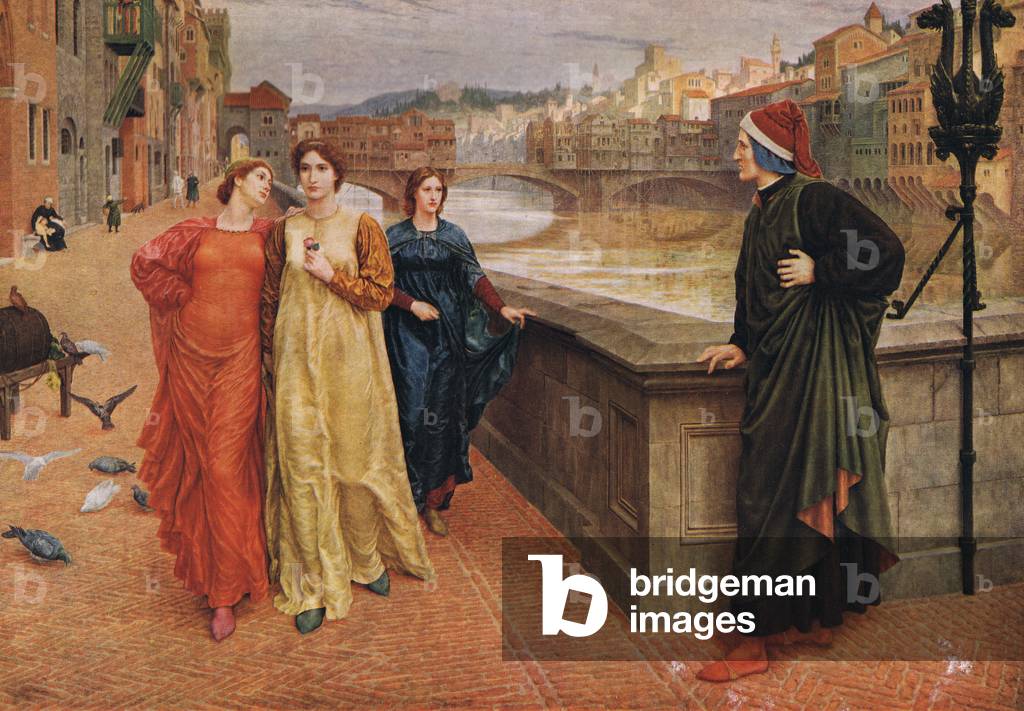 Dante Alighieri meeting his muse Beatrice Portinari in Firenze, c.1920 (litho)