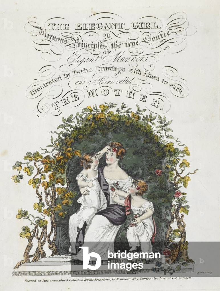 "Pagina del titolo illustrata che mostra una madre con due figli."