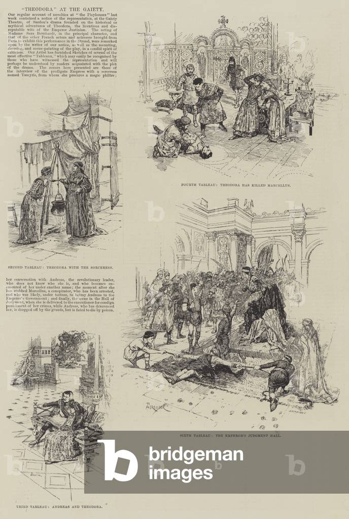 « Theodora » à la Gaiety (gravure) 1885 par Amedee Forestier, b/w