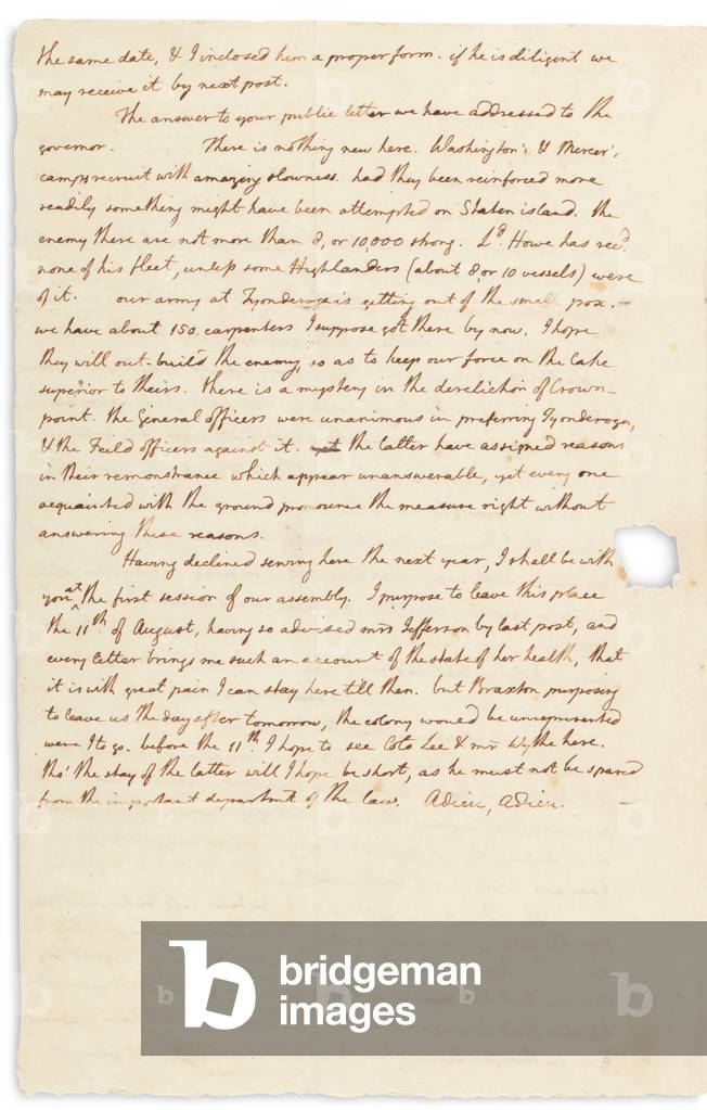 Lettera autografa a John Page, Philadelphia, 30 luglio 1776 (penna e inchiostro su carta)
