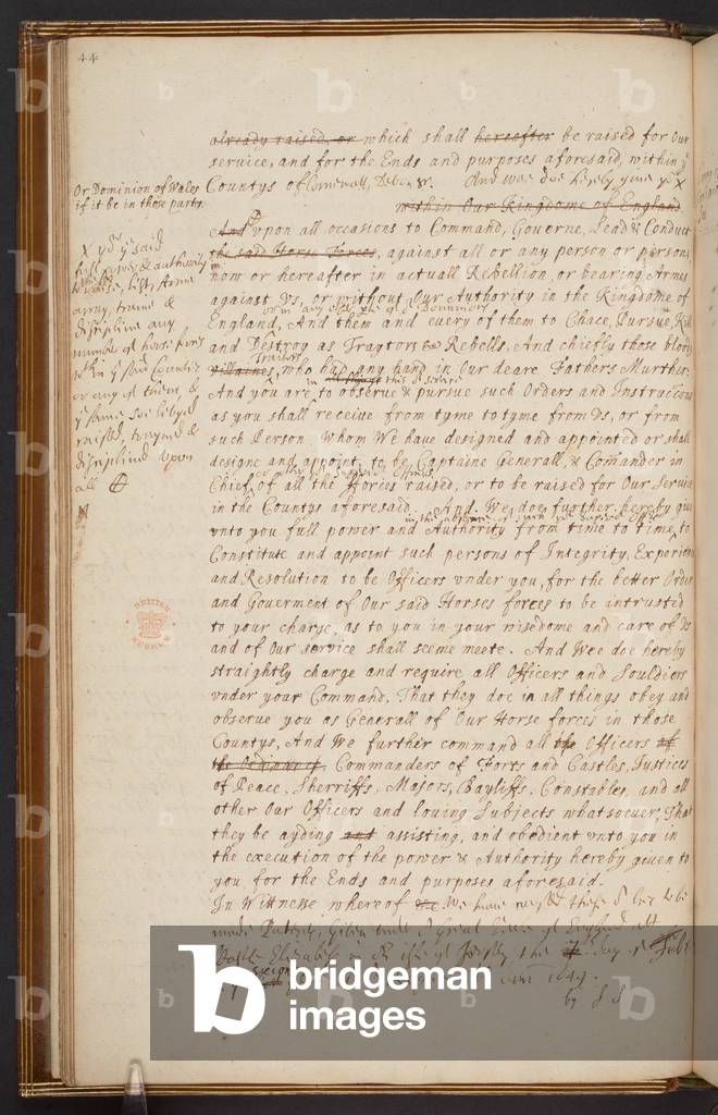Image of Manuscript depicting Form of a Commission for a General of horse (with corrections) 1649 by English A