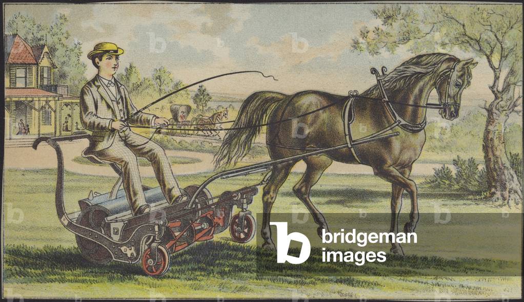 Junge, der einen Pferdemäher fährt (chromolitho)