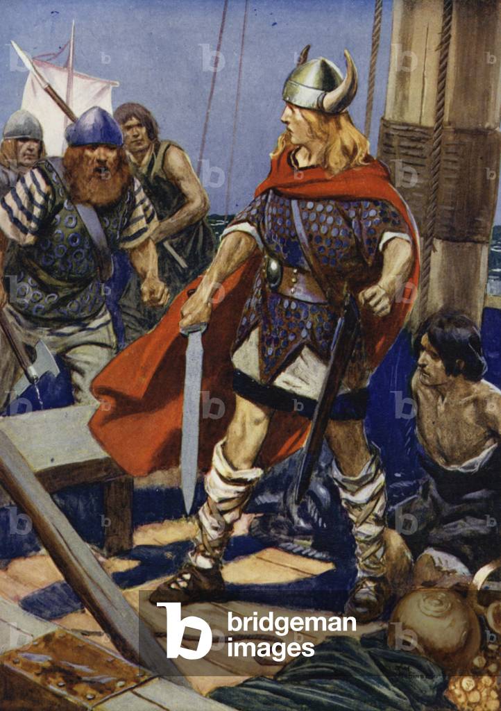 La barca a remi batteva accanto, e da lei scatenò Guldred il Lupo, con Ulgar e un altro a sostenerlo: scena da