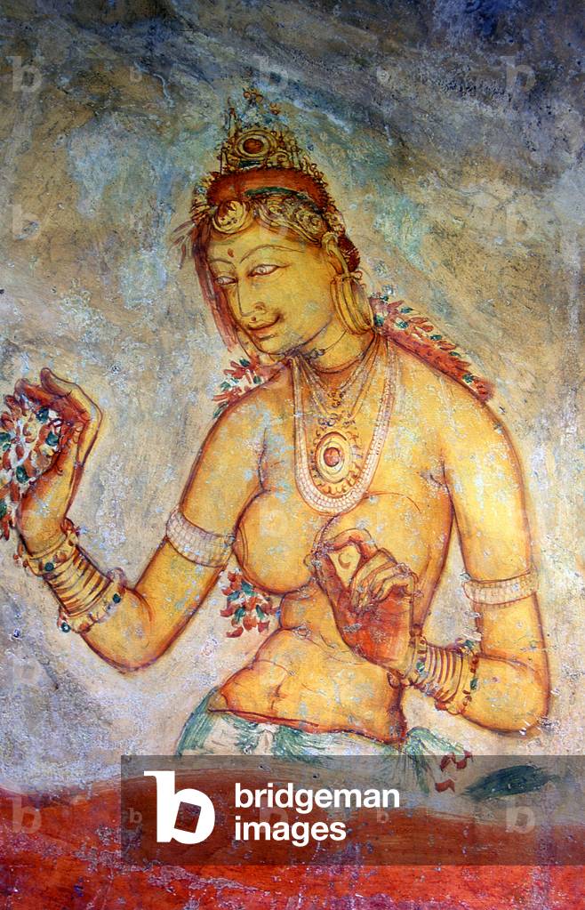Immagine di Affresco "Sri Lanka: Le 'Fanciulle delle nuvole' di Sigiriya adornano la parete rocciosa in alto r