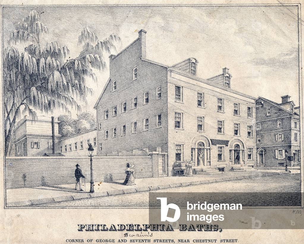 Philadelphia Bäder, Ecke von George und Seventh Sts., in der Nähe von Chestnut Street, gedruckt von Kennedy & 