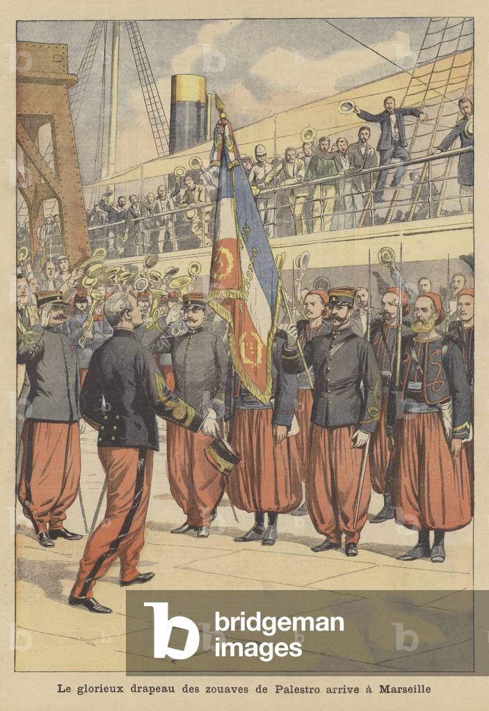 Arrival of the flag of the Zouaves of Palestro at Marseilles (colour litho)