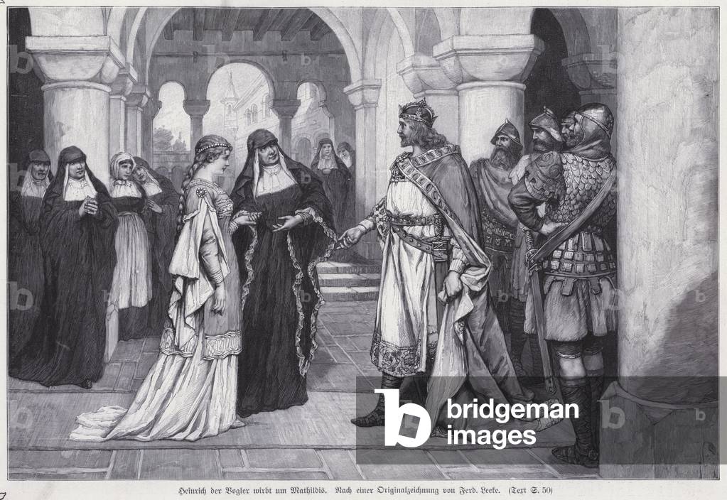 Enrico il Fowler, figlio di Ottone I, duca di Sassonia, corteggiando Matilde di Ringelheim, 909 (incisione)