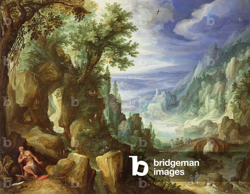 heiliger Hieronymus betet in einer felsigen Landschaft, 1592 (öl auf kupfer)