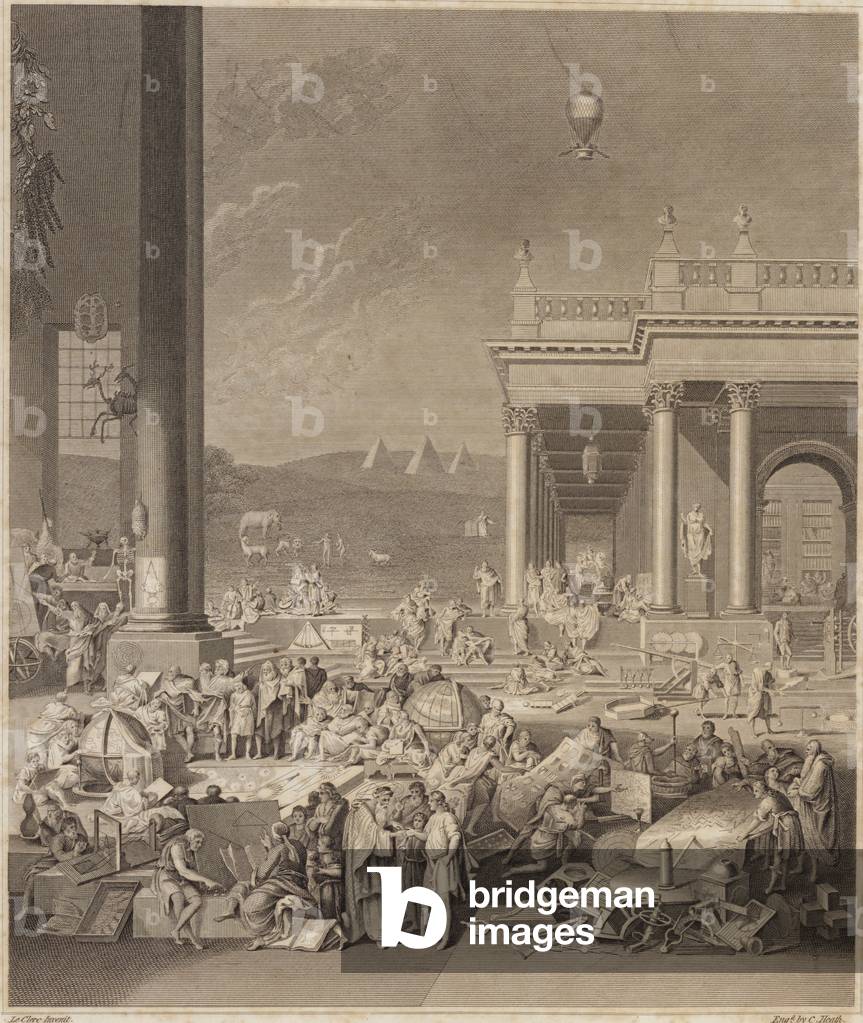 "Una scena per l'Enciclopedia Britannica (incisione)" 1801 di French School, b/w