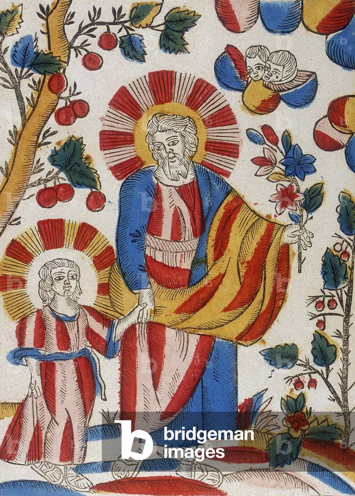 "Der heilige Josef und Jesus gehen Hand in Hand. 18./19. Jahrhundert (französischer Holzschnitt)" 1701