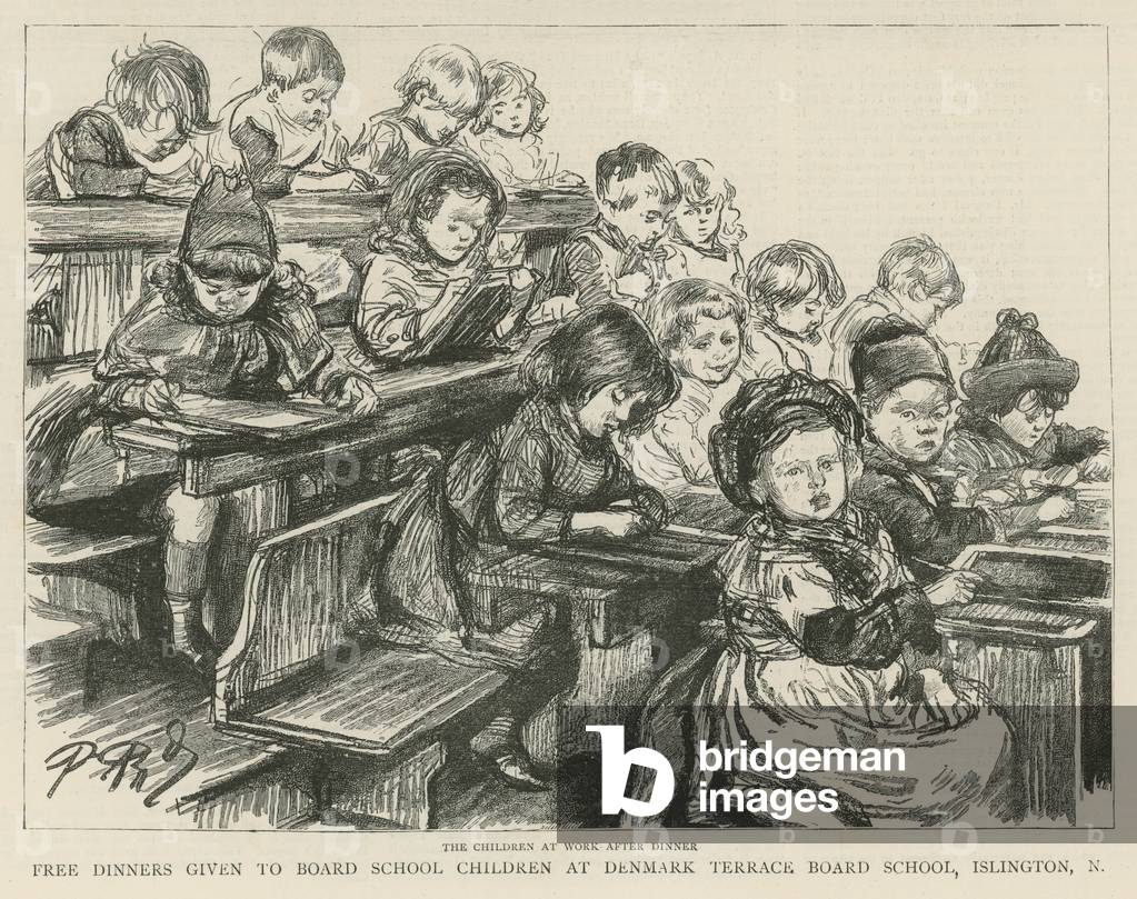 "Kinder bei der Arbeit nach dem Abendessen (Gravur)" von English School
