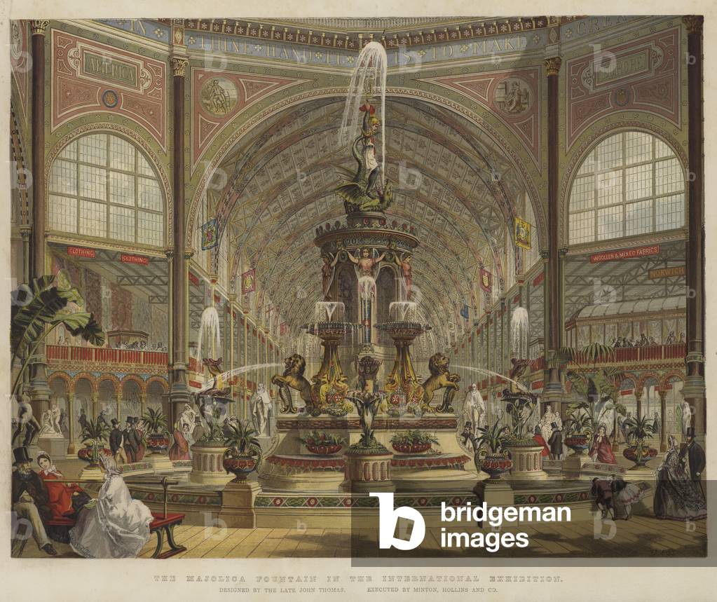 "La Fontana di Maiolica nella Mostra Internazionale (colore lito)" 1862 di Robert Dudley, b/w