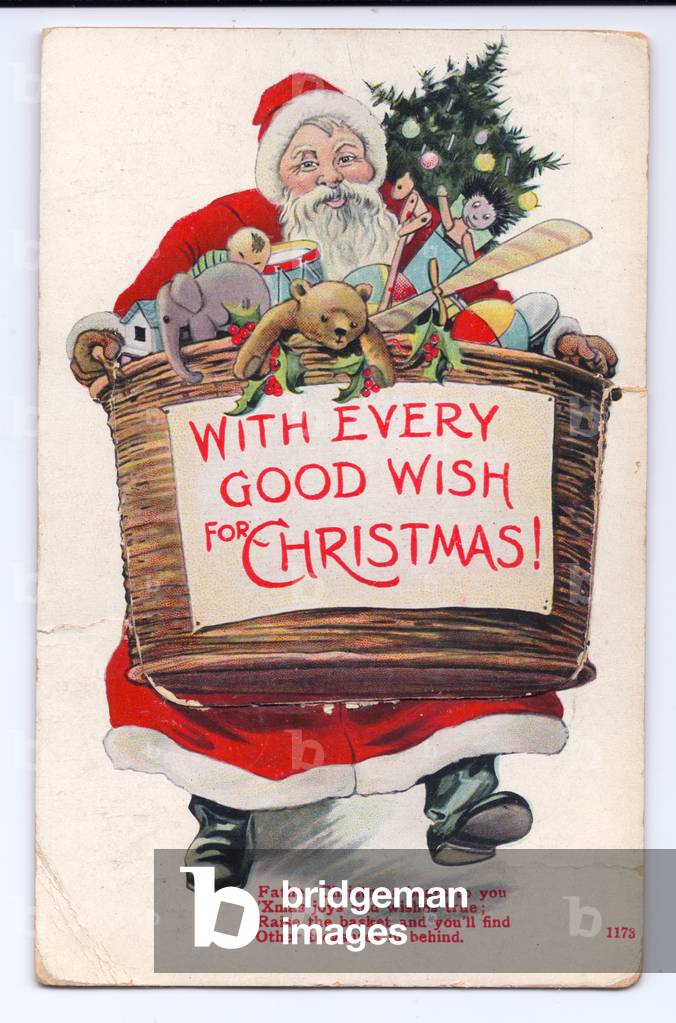 "Cartolina natalizia edoardiana di Babbo Natale che porta un grande cesto di giocattoli" 1910 di English Schoo