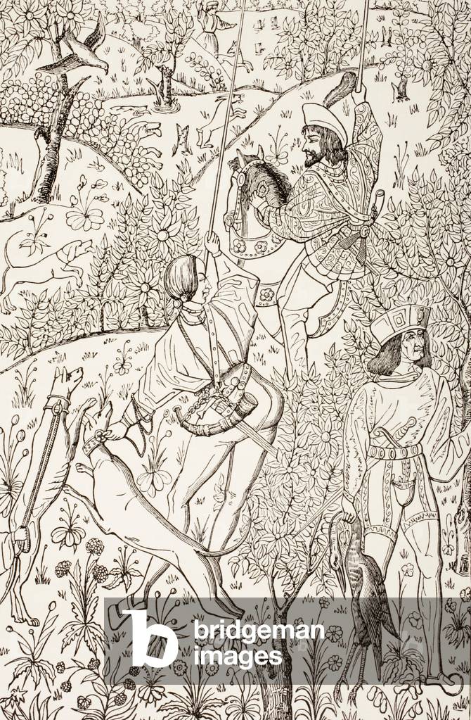Image of Tapestry depicting Outline of a 15th century hunting tapestry 1873