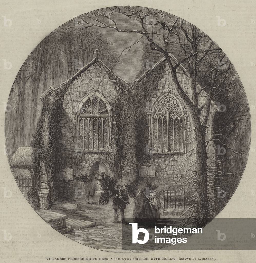 Dorfbewohner gehen, um eine Landkirche mit Holly (Gravur)