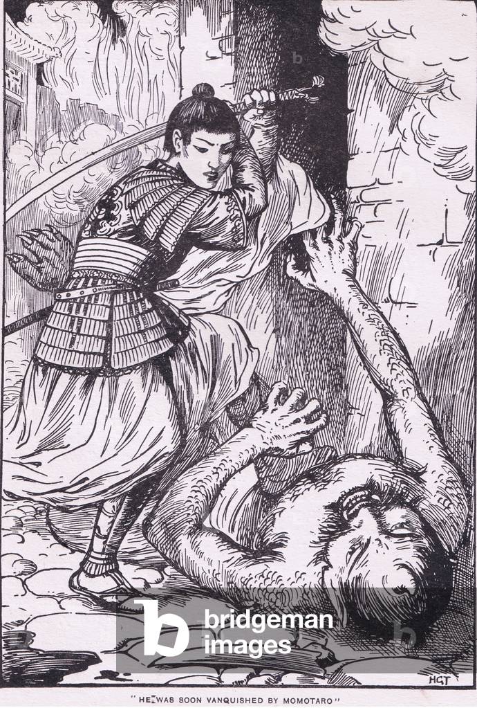 Fu presto sconfitto da Momotaro (da Momotaro e il Peach Boy) (lito)