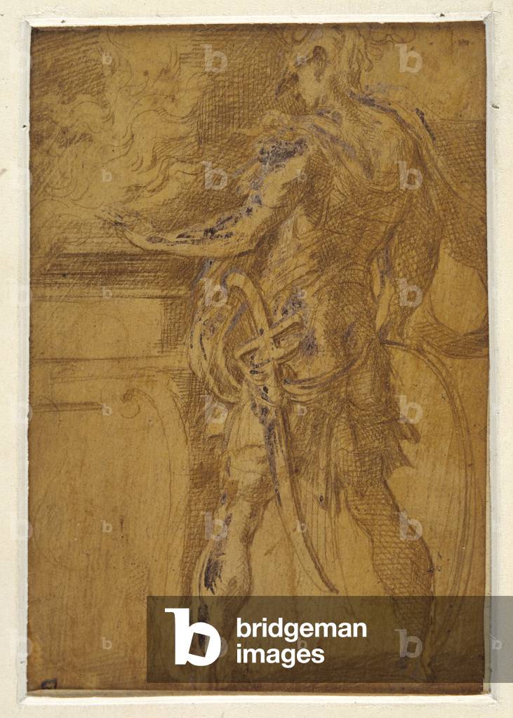 Mucius Scaevola thrusting his hand in the flames (metal-point on yellowish ground by Parmigianino, b/w