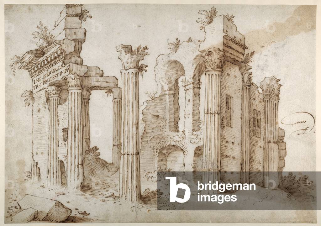 "Rovine colonniate del Tempio di Minerva" di Sebastian Vrancx, b/w