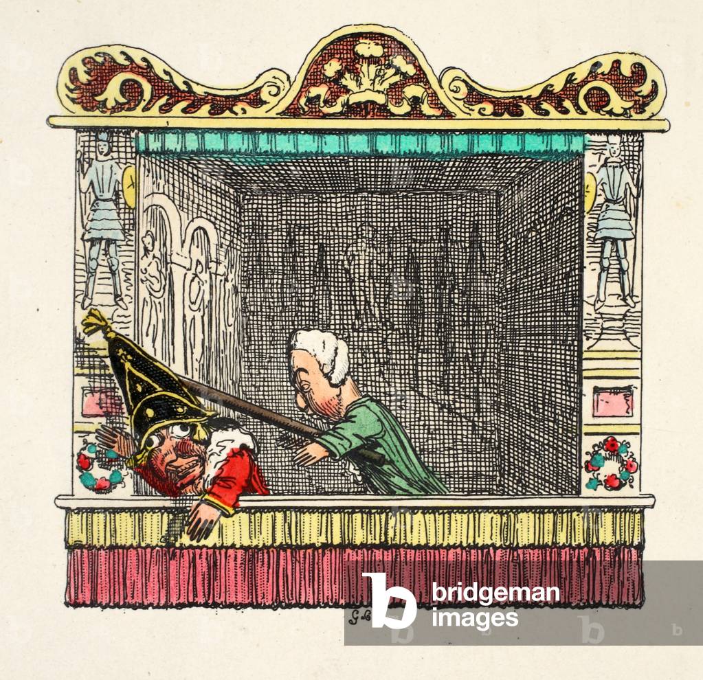Immagine di Incisione "Punch colpito da dietro dal Dottore di 'Punch and Judy'" 1827 di George Cruikshank