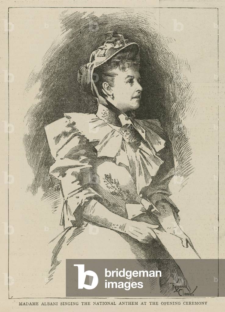 "Istituto Imperiale: Madame Albani canta l'Inno Nazionale alla cerimonia di apertura (incisione)" di English S