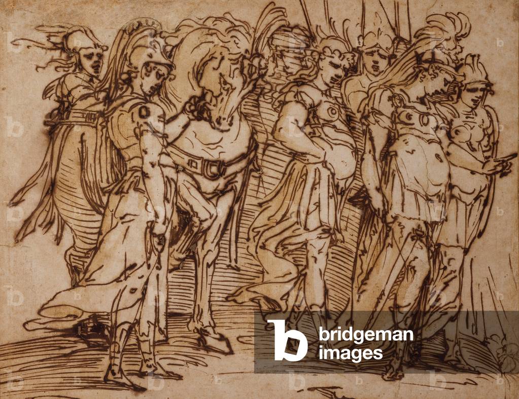 Amazons with a Horse in Procession to the Right (pen and ink)