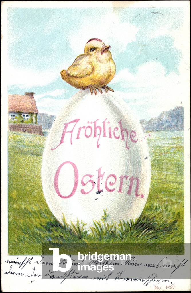 Präge Glückwunsch Ostern, Küken sitzt auf Osterei