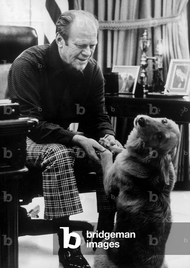 Bild von Fotografie "Präsident Gerald R.Ford (1974-1977) im Weißen Haus mit seinem Hund Liberty 24. Februar 19
