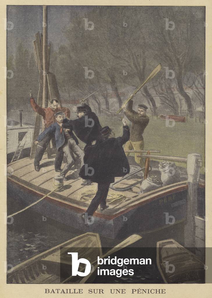 A fight on a barge (colour litho)