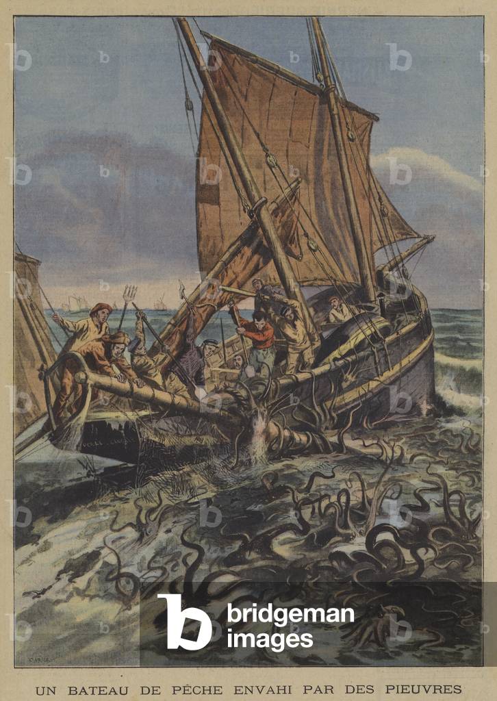 A fishing boat attacked by octopus (colour litho) by French Artist
