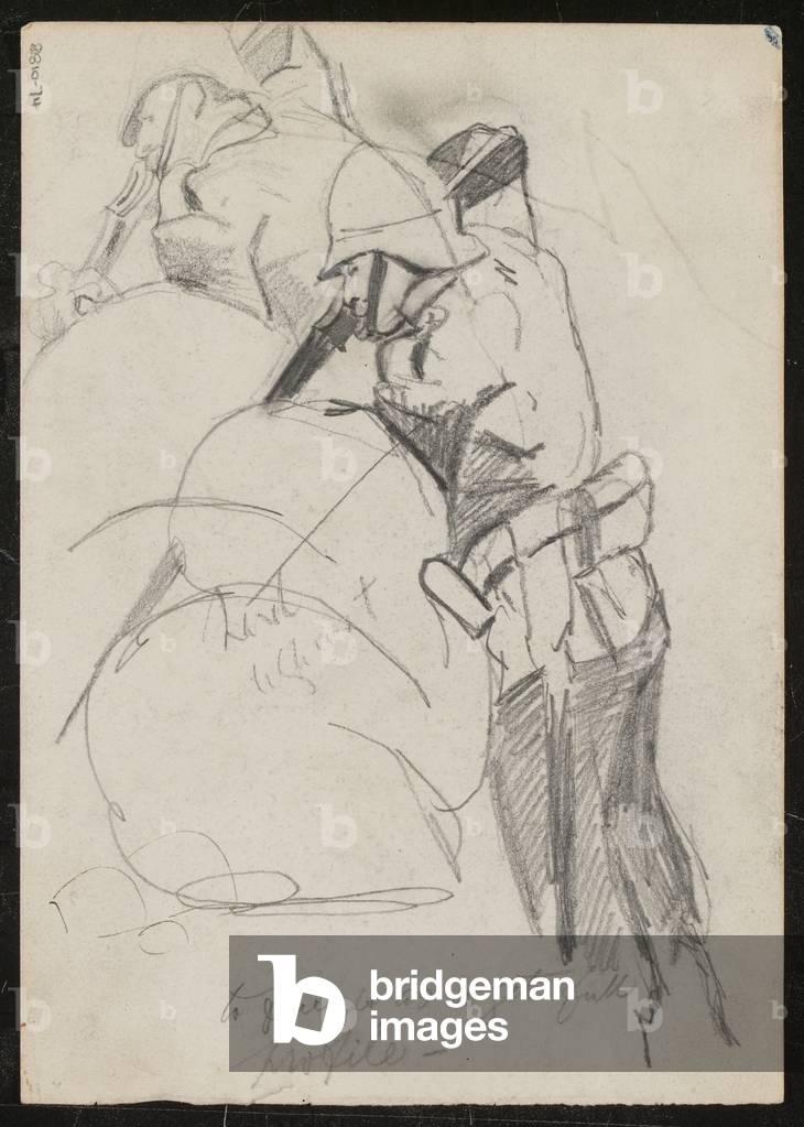 Zwei Soldaten feuern über Sandsäcke nach unten, eingeschrieben, um das volle Profil zu bekommen, 1879 (Bleisti