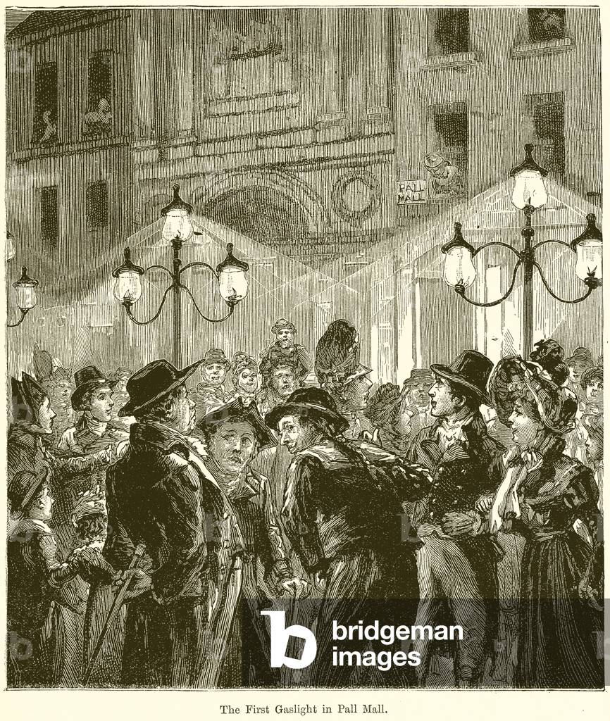 "Il primo gaslight in Pall Mall (incisione)" di English School, b/w
