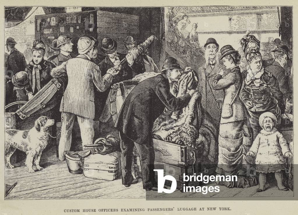 "Custom House Officers esame bagagli Passeggeri a New York (incisione)" di George Augustus Sala