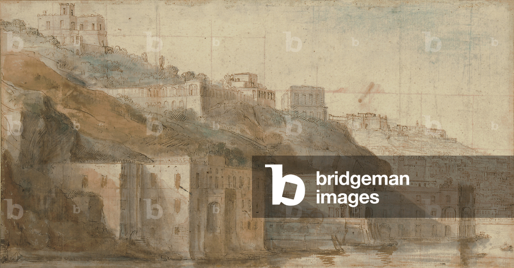 Veduta di Mergellina sul Golfo di Napoli, con Capodimonte oltre (gesso rosso e blu, penna e inchiostro marrone