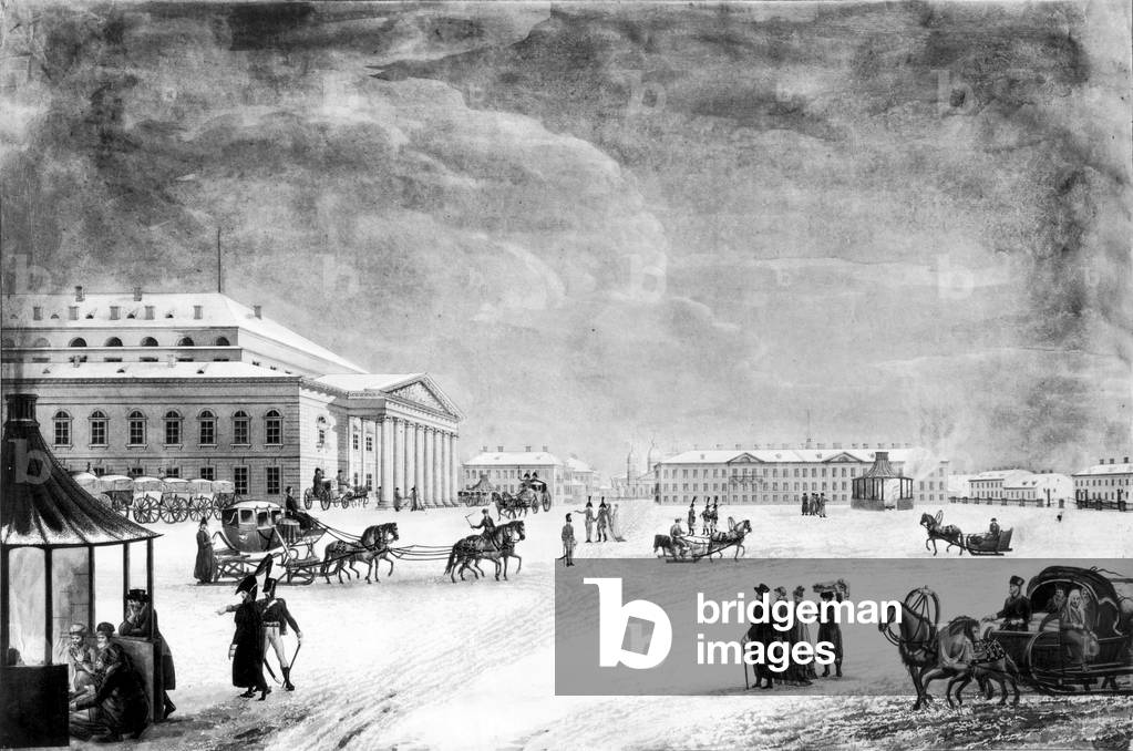 Blick auf den großen Platz und das Theater in Sankt Petersburg in Russland 1817, Gravur