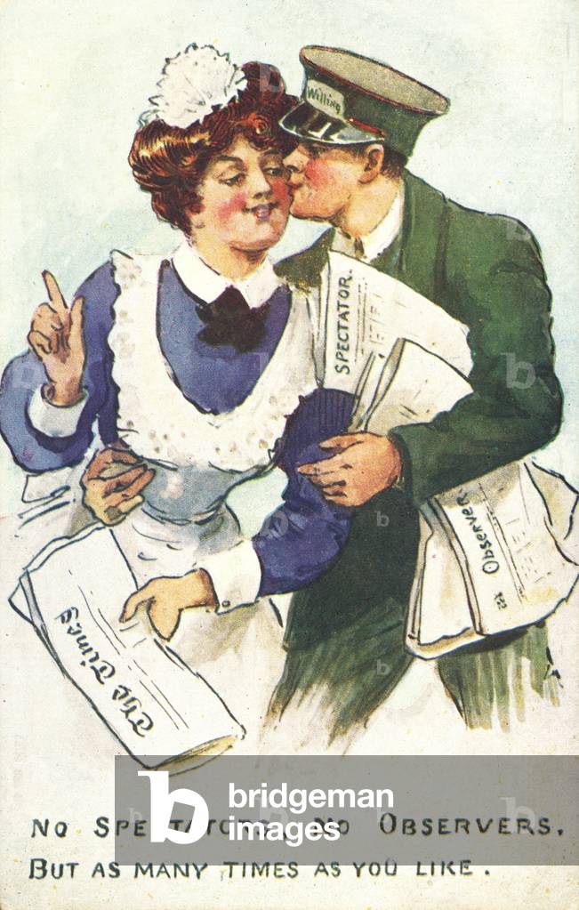 "Zeitungslieferung Mann küssen ein Dienstmädchen (Farbe litho)" von English School