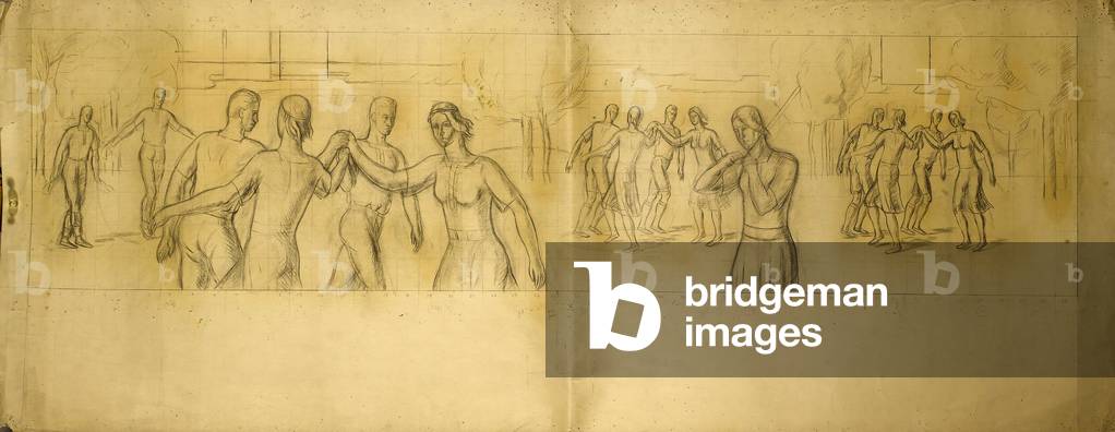 Studie für ein Wandbild mit Figuren tanzen, um 1929 (Bleistift auf Papier, mit Farbe)