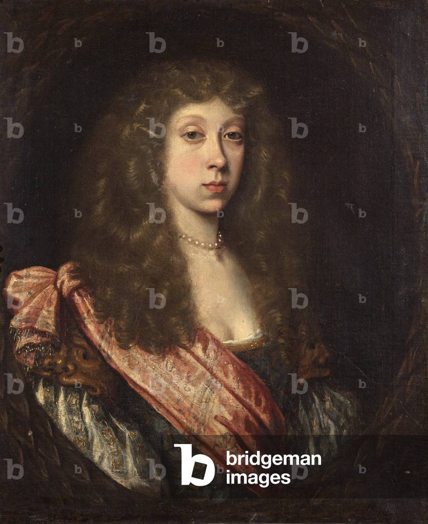 Bild von Gemälde "Unknown Lady in Masque Costume", c.1670 von Pierre Mignard, b/w