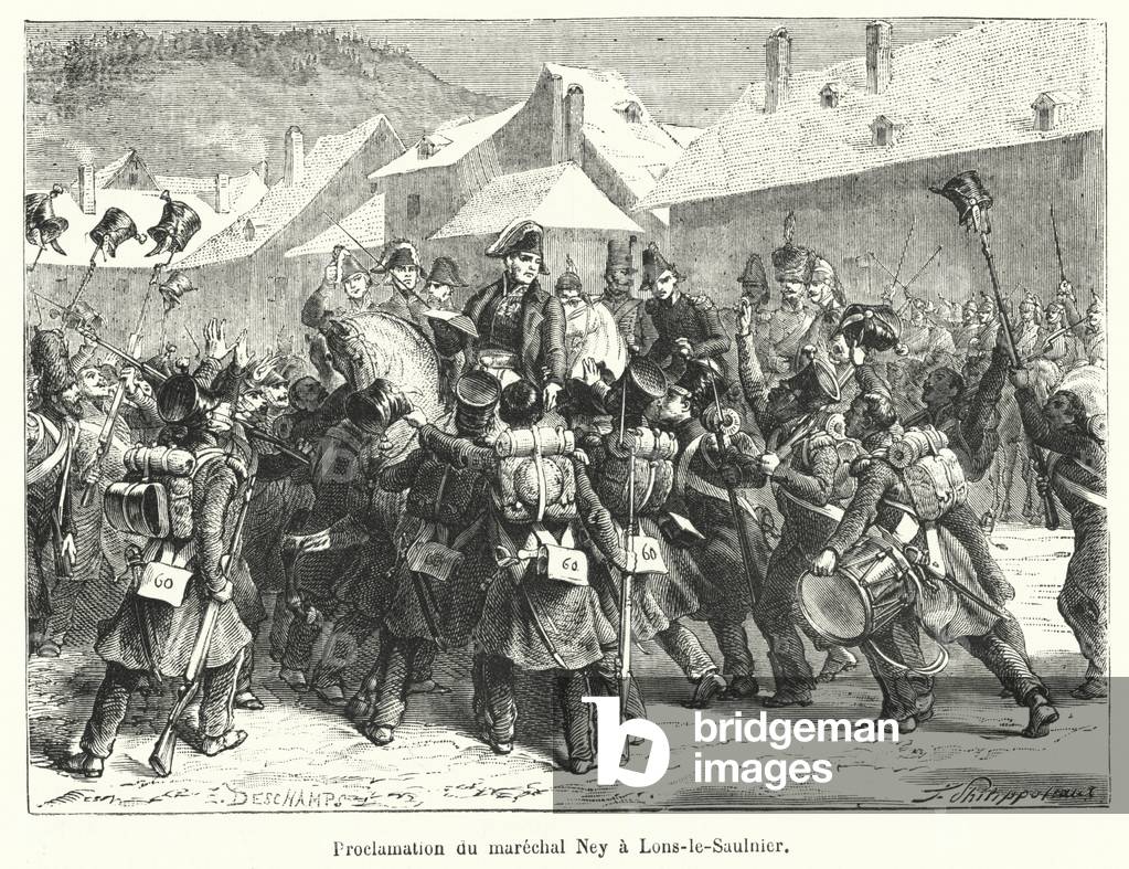 "Proclamation du marechal Ney a Lons-le-Saulnier (incisione)" 1801 di French School