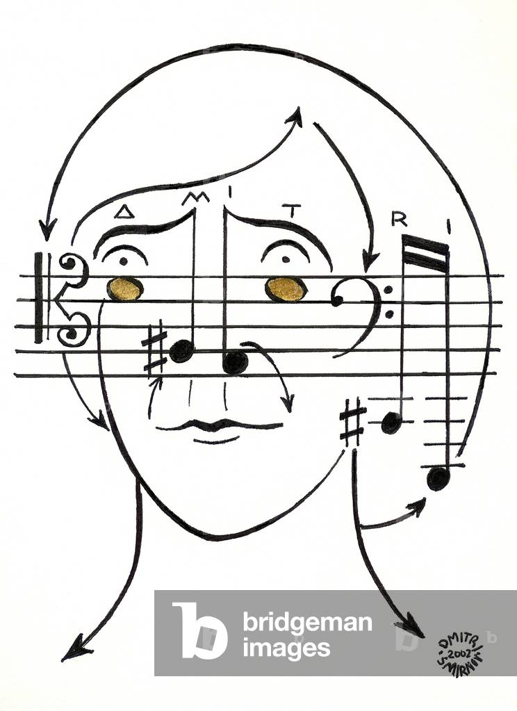 Dmitri 'Smirnoff' - ritratto del compositore russo, disegnato con notazione musicale