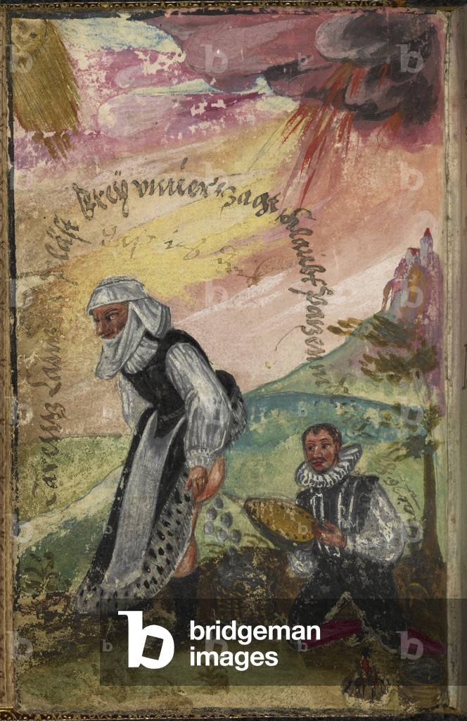 A veiled woman excreting into a basket. A servant on his knees