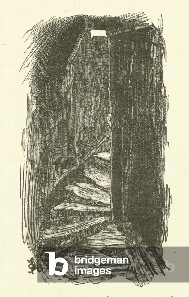 Escaliers menant à un grenier (gravure) par Frederick L. Bernard, b/w