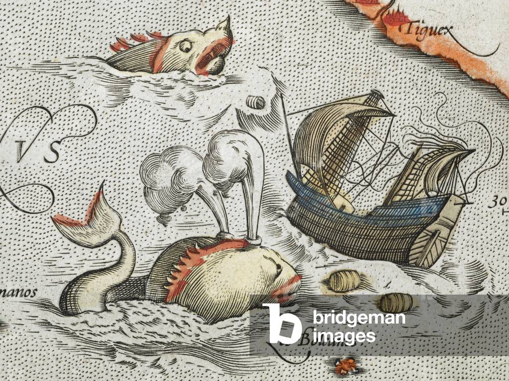 (Detail). Seeungeheuer, die ein Schiff angreifen.