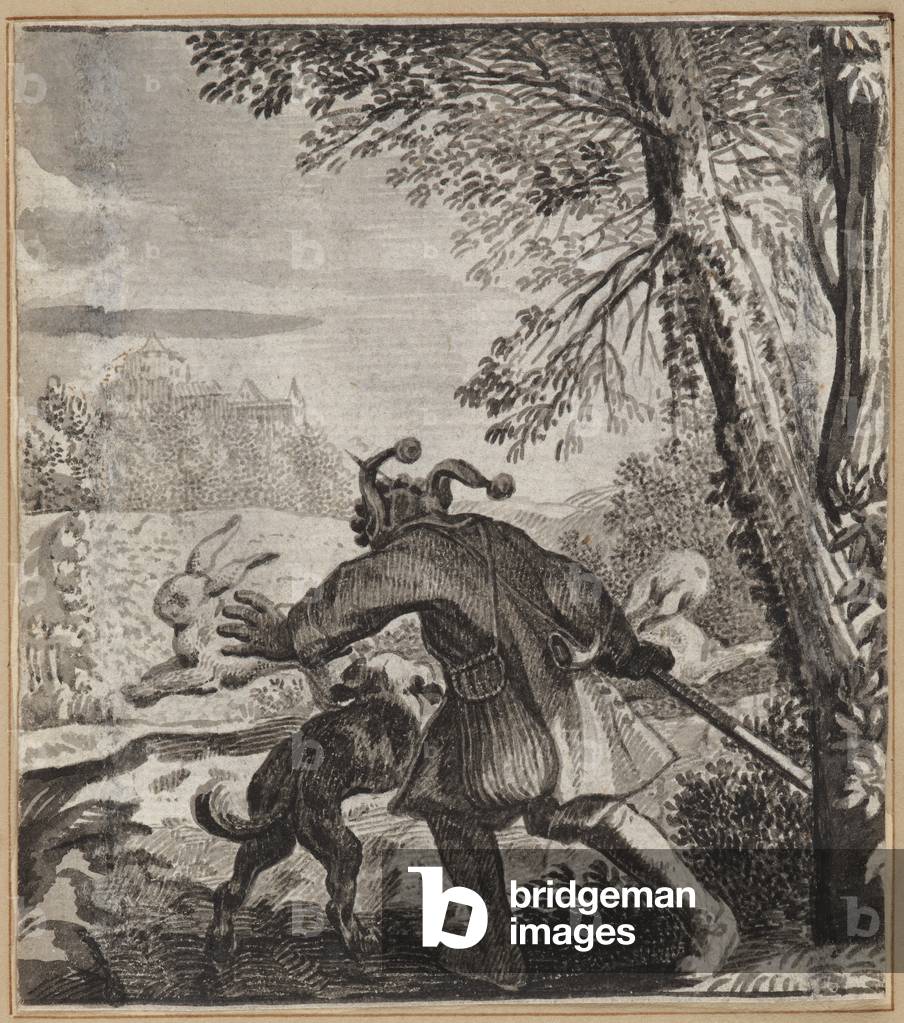 Bild von Zeichnung "Der auf beiden Achseln tragende Narr" 1660 von Wilhelm Stettler
