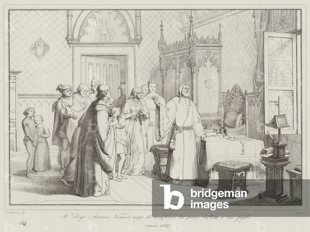 Il Doge Antonio Veniero nega di modificare la pena inflitta a suo figlio, 1383 (engraving)