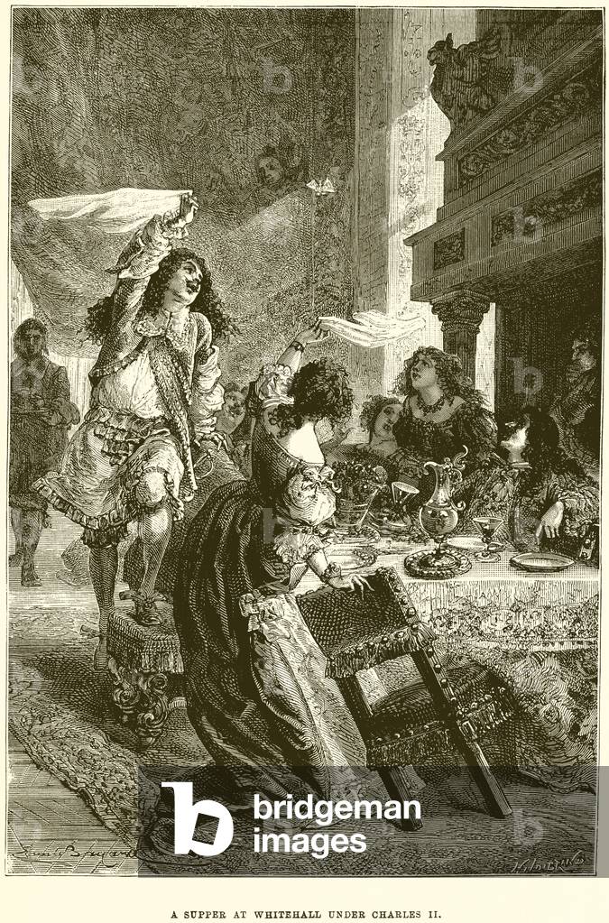 "Un Cena a Whitehall sotto Charles II (incisione)" di Emile Antoine Bayard, b/w