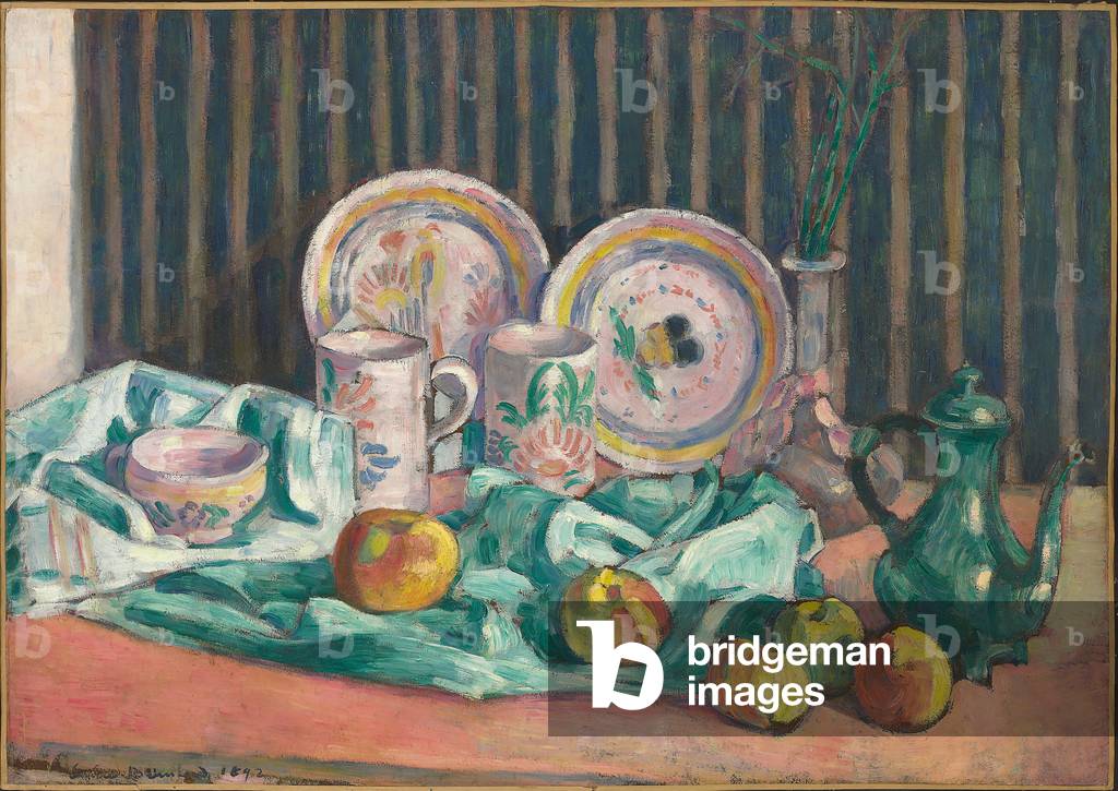 Stillleben mit Äpfeln und Fruchtgerichten, um 1906 (Öl auf Karton, auf Tafel aufgezogen)