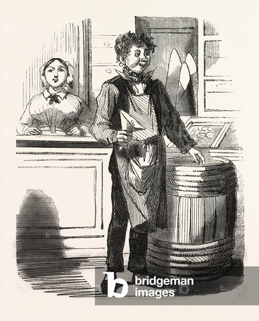 Un negozio di alimentari francese, Europa, XIX secolo. Secondo altri contemporanei, Bertall ha come un illustr